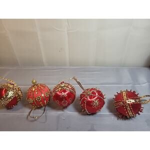Set of Vintage Handmade Red and Gold Sequin and Bead Christmas Ornaments